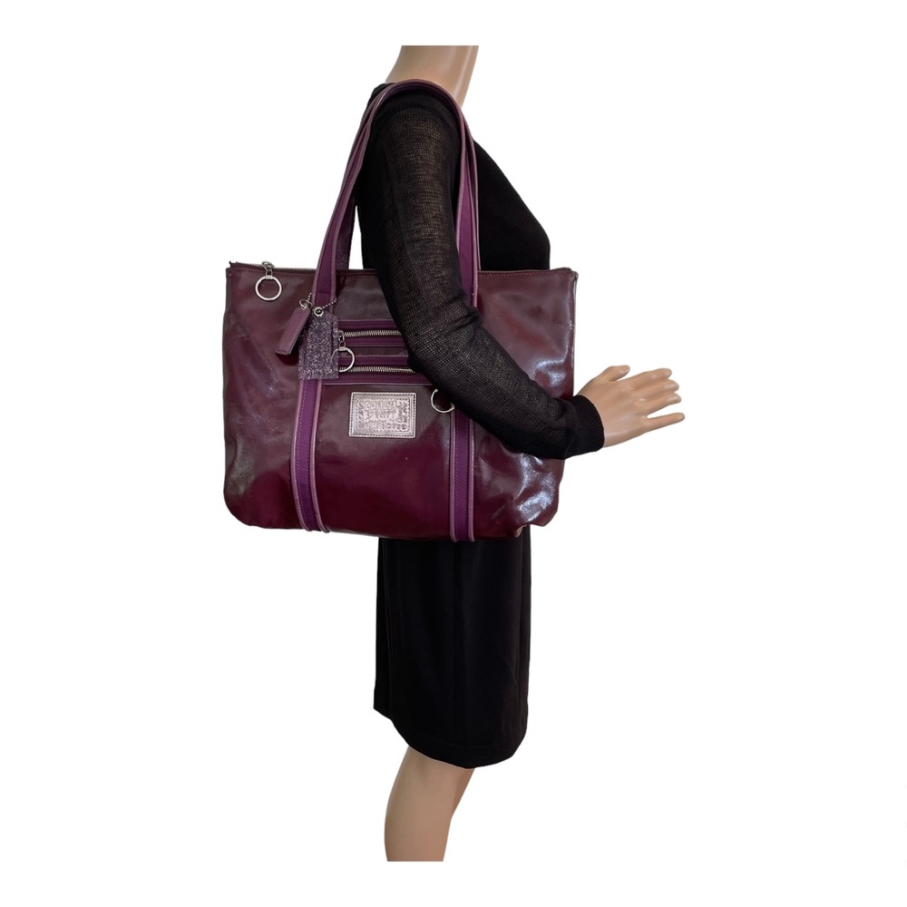 Coach Poppy Patent Leather Op Art Glam Tote Purple/Burgundy Hand Bag - Picture 4 of 16